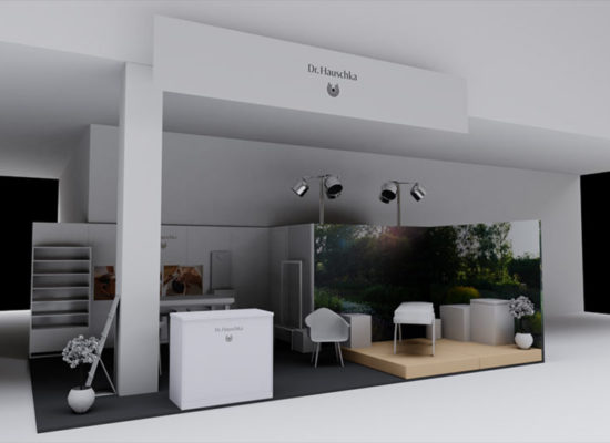 ·d Rendering einer Standkonzeptionierung und Designs mit eingeschalteter Saalbeleuchtung