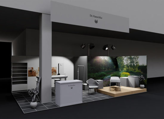 ·d Rendering einer Standkonzeptionierung und Design mit eingeschalteter Saalbeleuchtung mit Standbeleuchtung