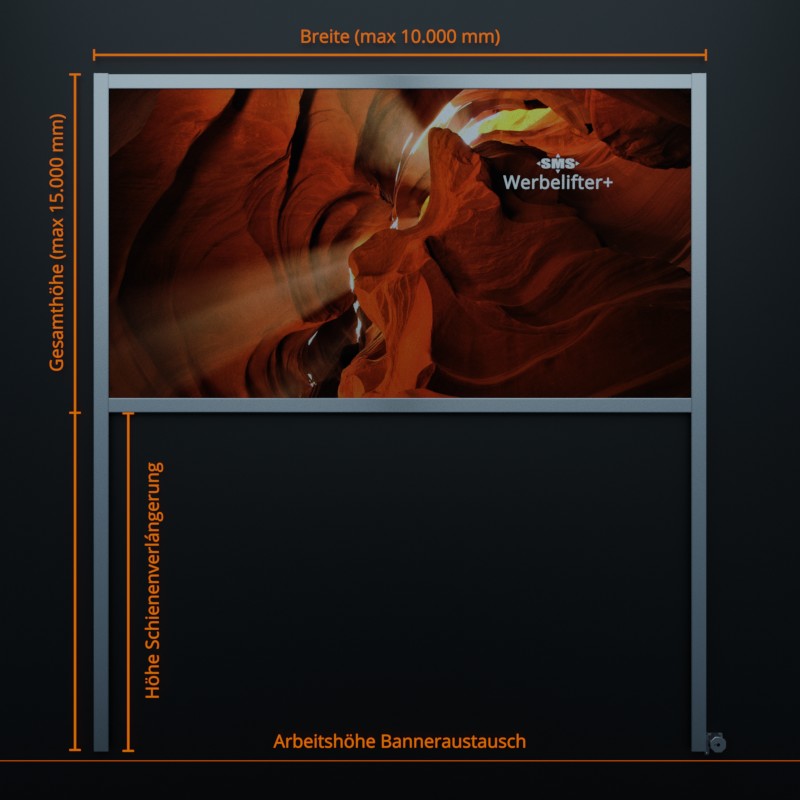 Werbelifter+: Die Lösung für großflächige Fassadenwerbung. Version mit Profilschienen