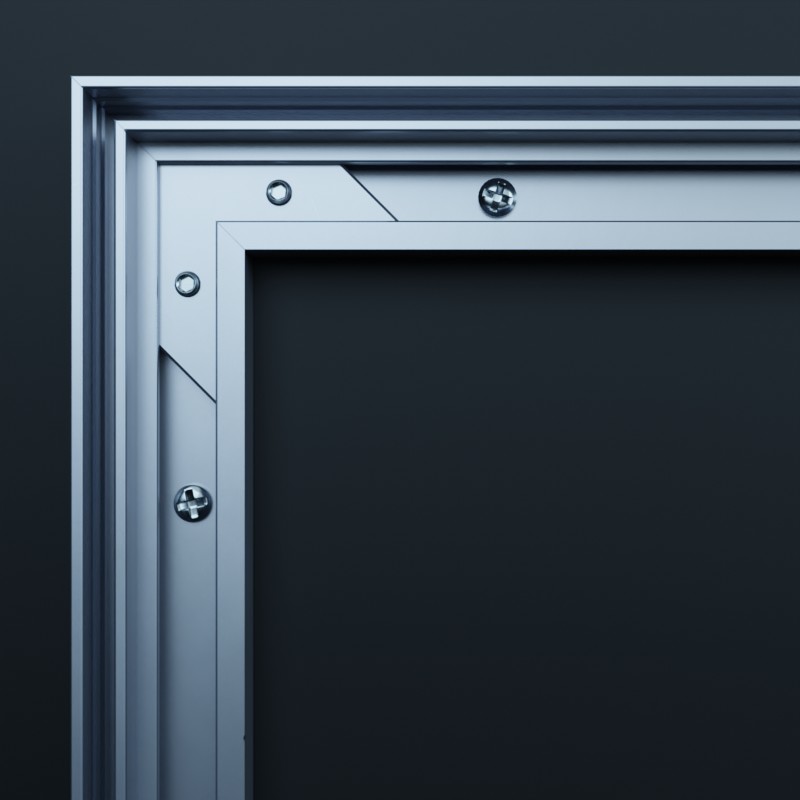 AluFrame light: Montierte Eckverbinder des Aluminium-Textilrahmens