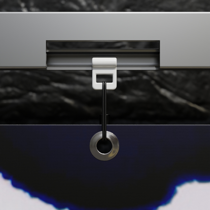 Solide Aluminiumprofile für die Befestigung von Fassadenwerbung mit Werbebannern, hier mit Kunststoffschlitten