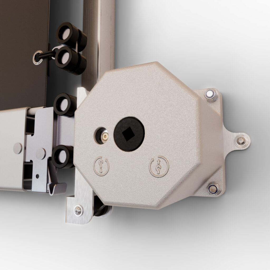 Seilwinde für das schnelle Einziehen oder Austauschen Ihrer Fassadenwerbung mit wenig Aufwand aus einer angenehmen Arbeitshöhe.