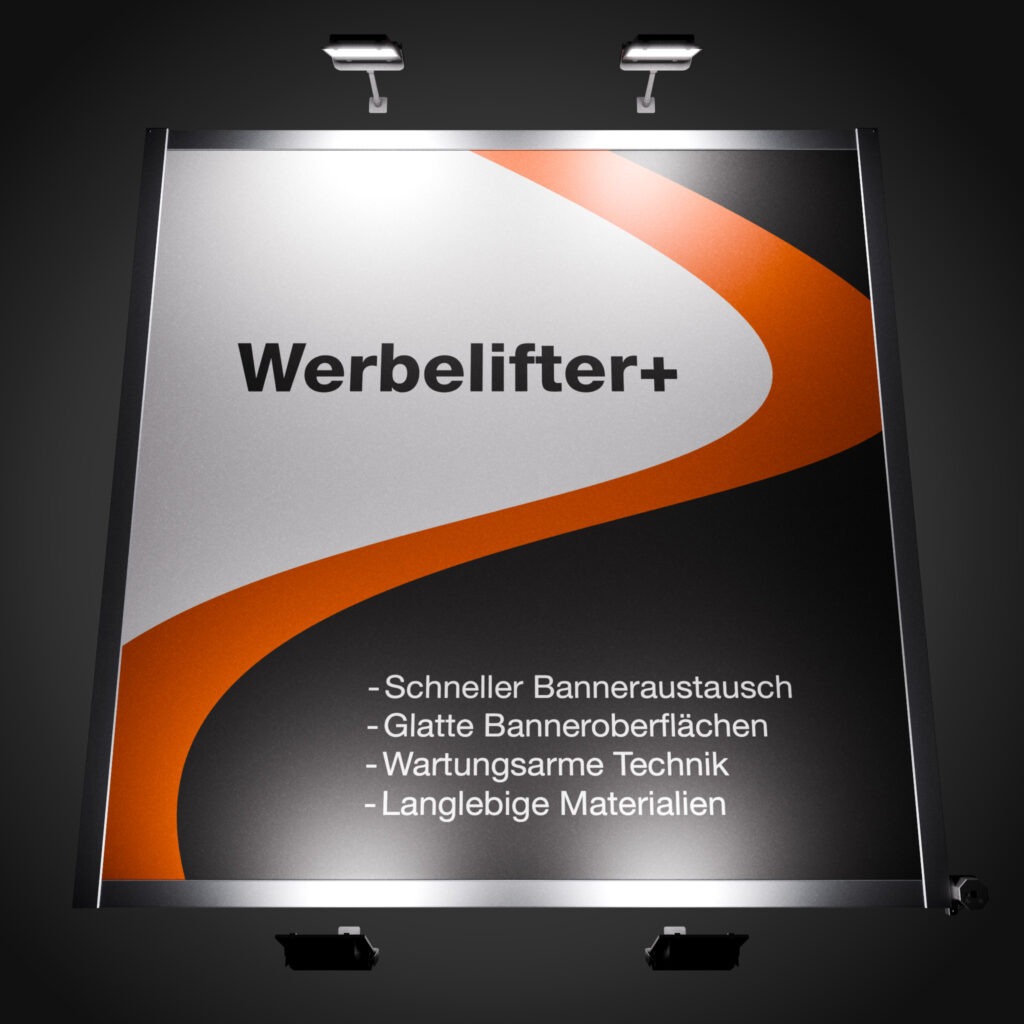 Werbelifter Nachtansicht mit LED-Strahler Frontbeleuchtung.