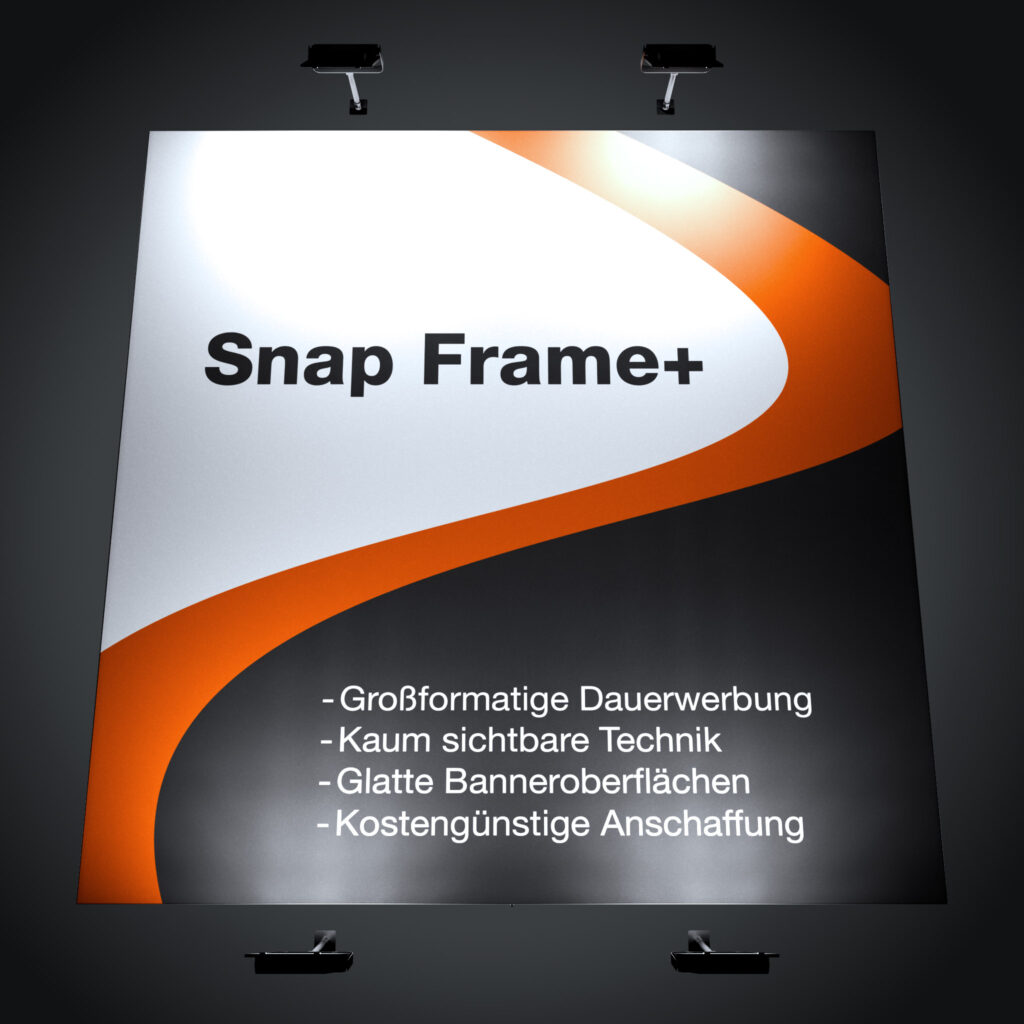Frontalansicht eines an einer Wand befestigten und mit LED-Strahlern beleuchteten Snap Frame+.