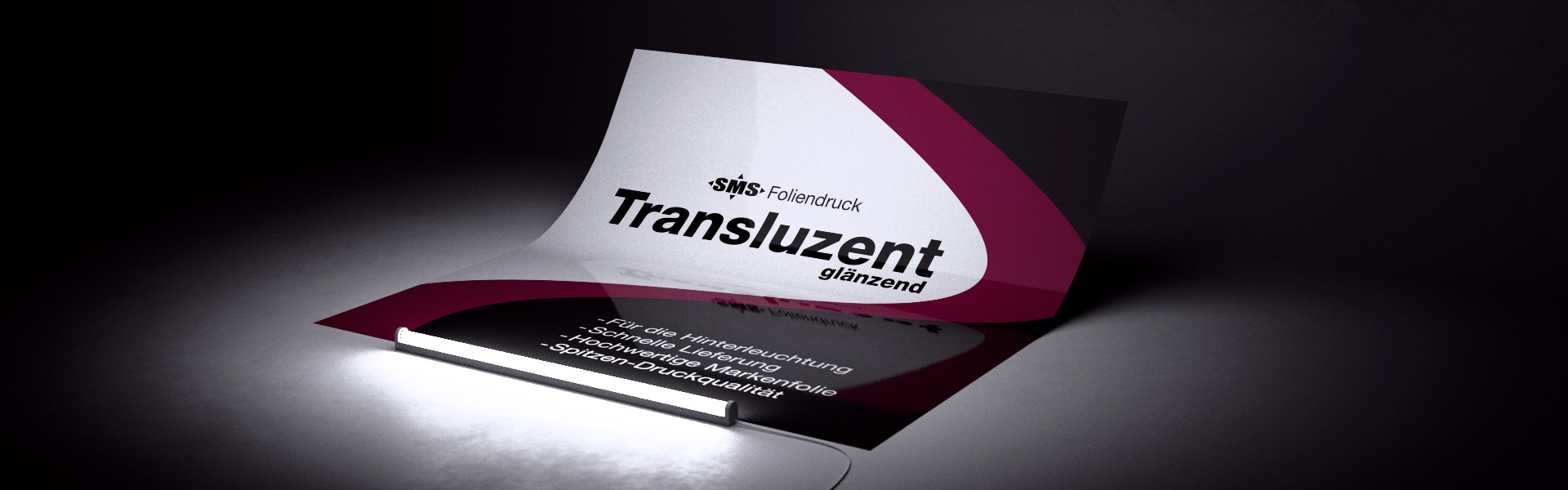 Foliendruck "Transluzent": Laminierter Digitaldruck auf lichtdurchlässiger Klebefolie, frontbeleuchtet, Ansicht vorne rechts.