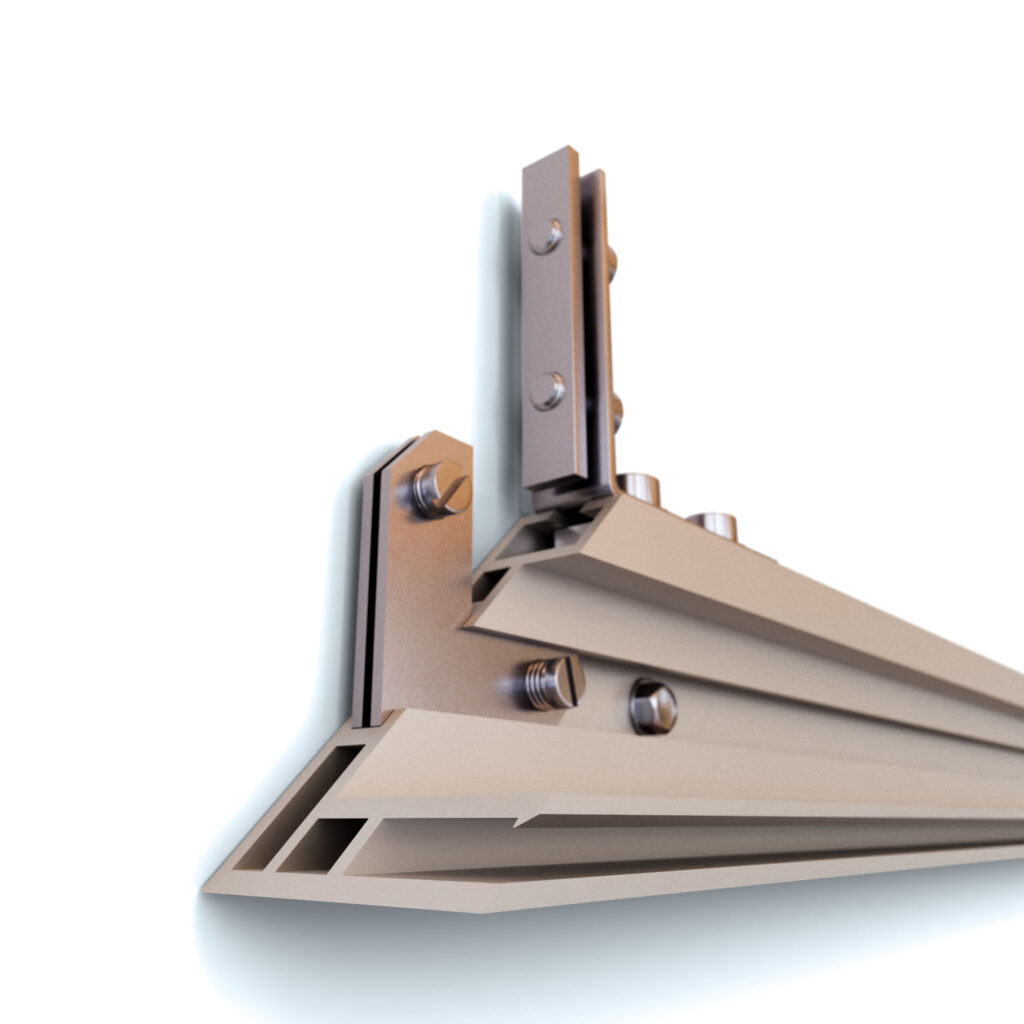 Detailaufnahme der unteren linken Ecke des Snap Frame+ mit sichtbarem Flachkeder und Eckverbinder, ohne eingespannte PVC-Plane.