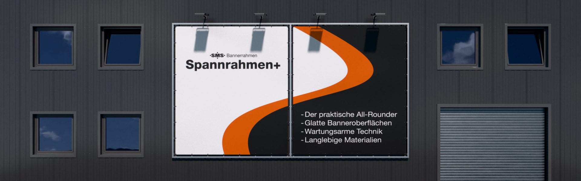 Spannrahmen+: Beispiel eines modular mehrteiligen Systems. Frontansicht bei Tageslicht.